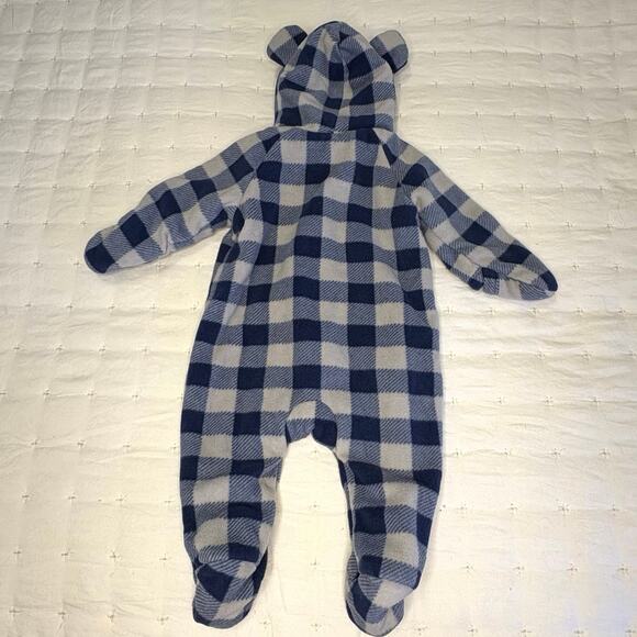 Old Navy One-Piece Fleece Snowsuit Boys 0-3M Blue Gray Check Hooded - Picture 5 of 9